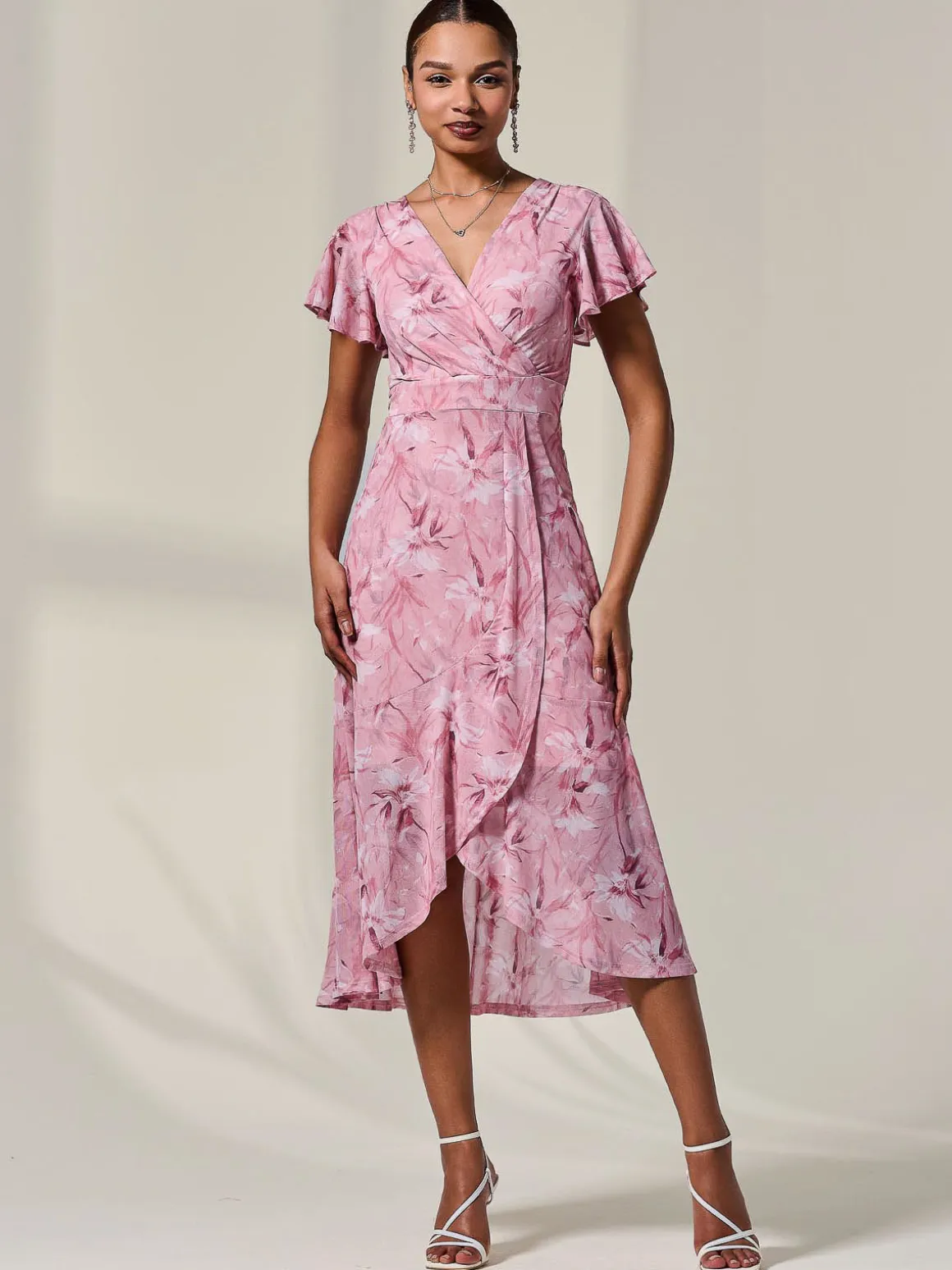 Petite Mesh Short Sleeve Wrap Midaxi Dress, Pink Floral