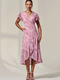 Petite Mesh Short Sleeve Wrap Midaxi Dress, Pink Floral