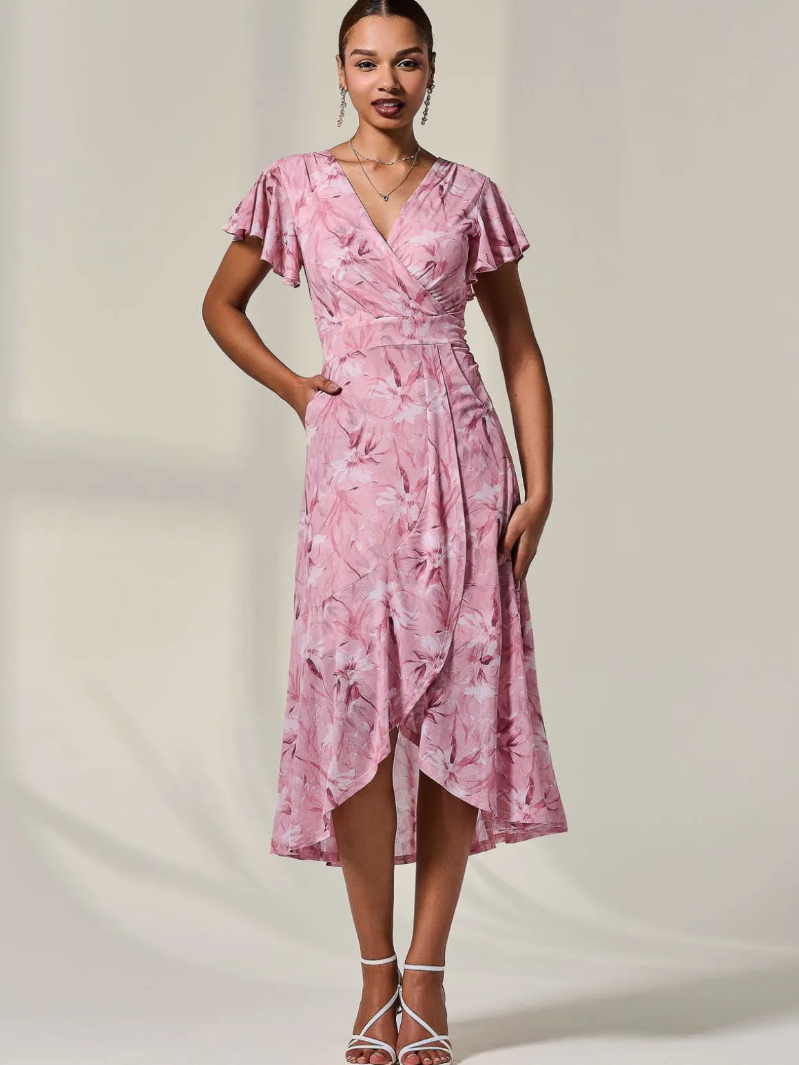 Petite Mesh Short Sleeve Wrap Midaxi Dress, Pink Floral