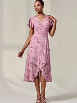 Petite Mesh Short Sleeve Wrap Midaxi Dress, Pink Floral