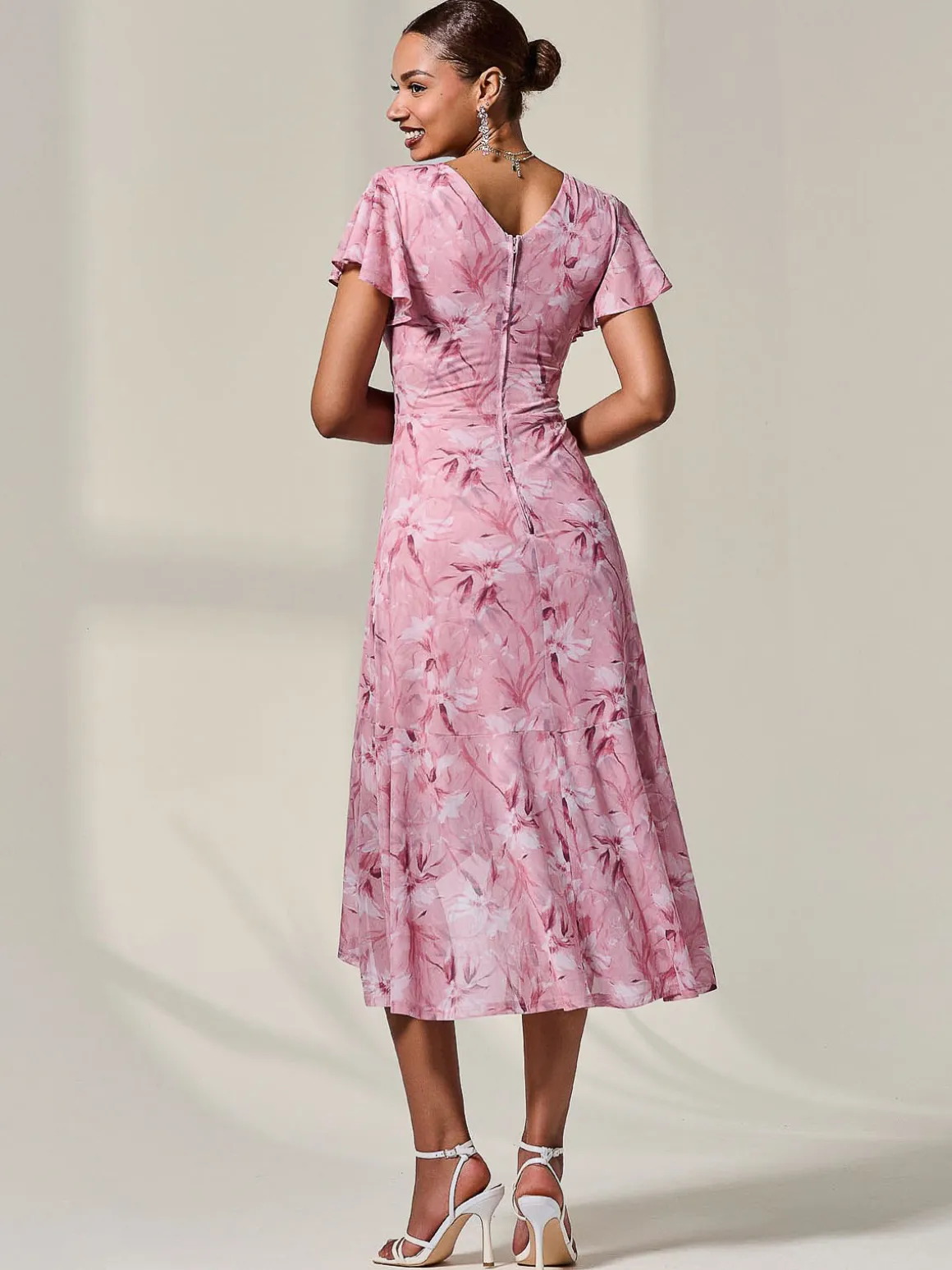 Petite Mesh Short Sleeve Wrap Midaxi Dress, Pink Floral