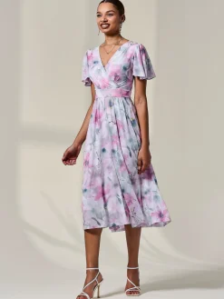 Petite Mesh Short Sleeve Wrap Midaxi Dress, Pink Multi