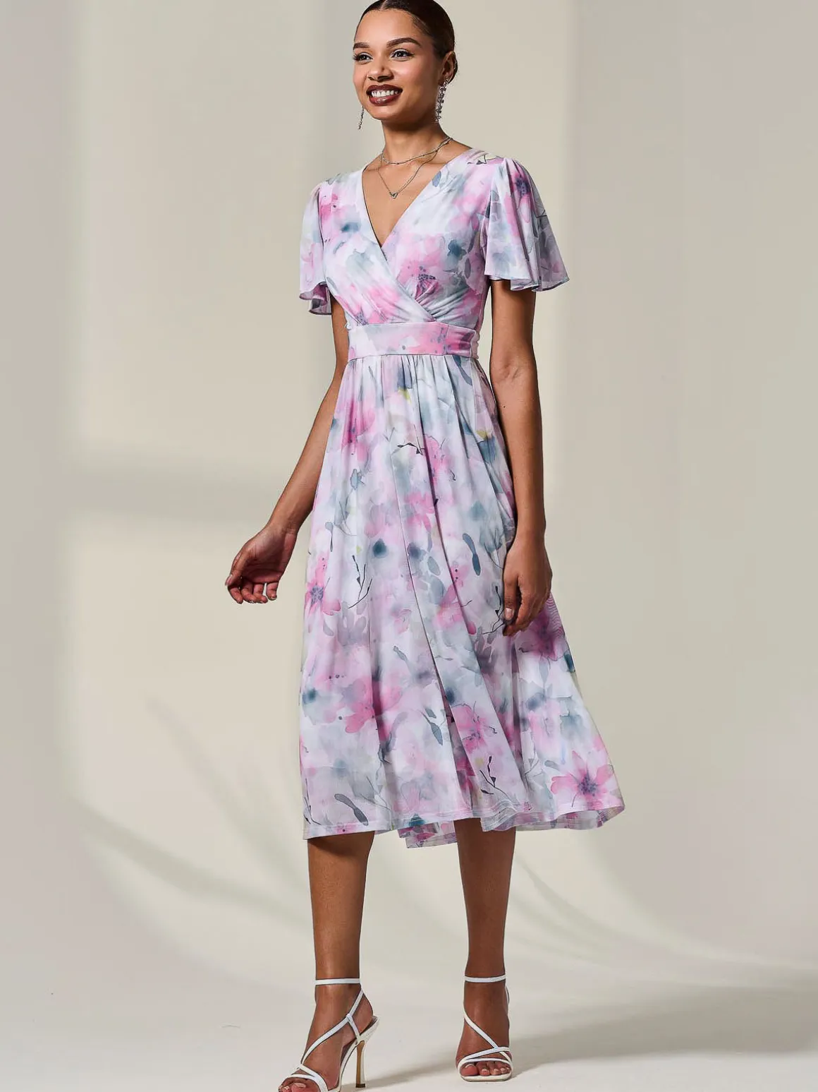 Petite Mesh Short Sleeve Wrap Midaxi Dress, Pink Multi