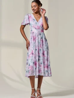 Petite Mesh Short Sleeve Wrap Midaxi Dress, Pink Multi