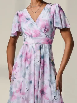 Petite Mesh Short Sleeve Wrap Midaxi Dress, Pink Multi