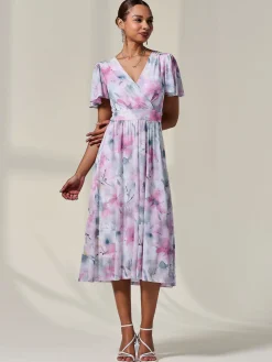 Petite Mesh Short Sleeve Wrap Midaxi Dress, Pink Multi