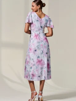 Petite Mesh Short Sleeve Wrap Midaxi Dress, Pink Multi