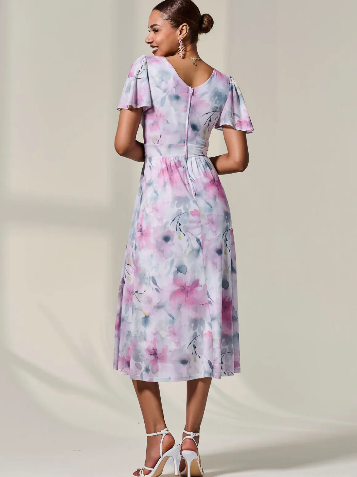 Petite Mesh Short Sleeve Wrap Midaxi Dress, Pink Multi