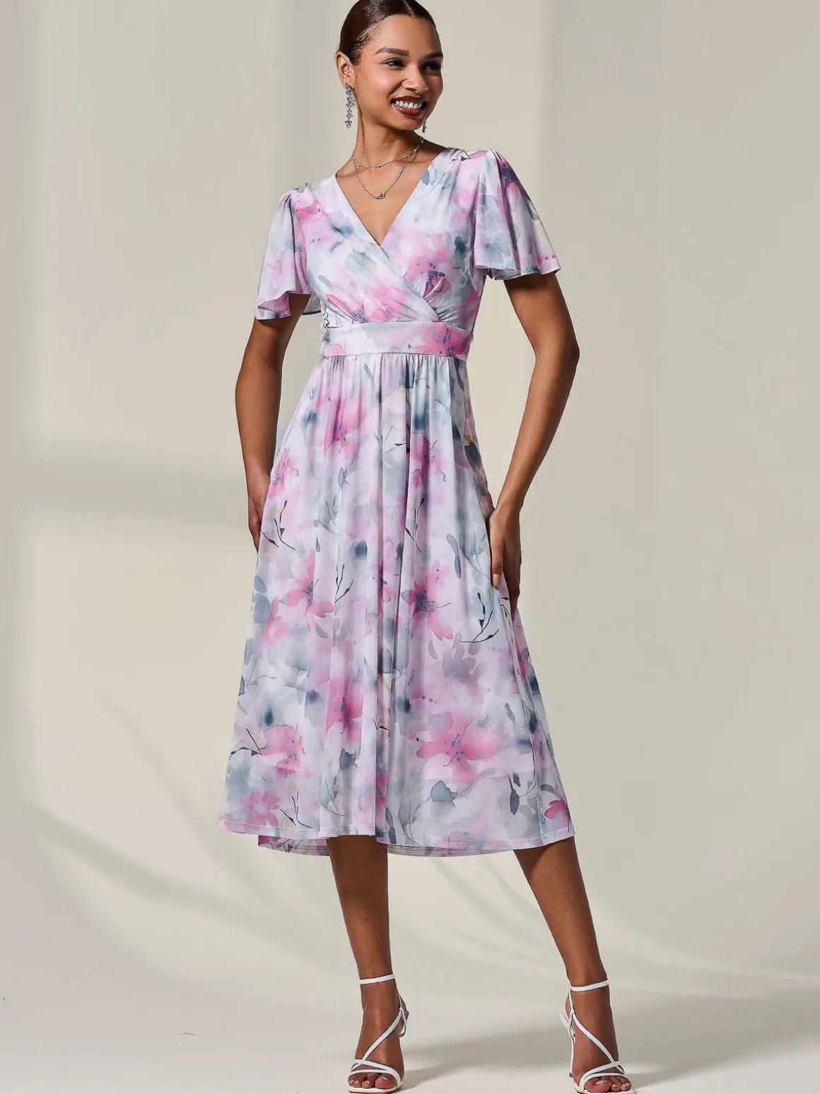 Petite Mesh Short Sleeve Wrap Midaxi Dress, Pink Multi