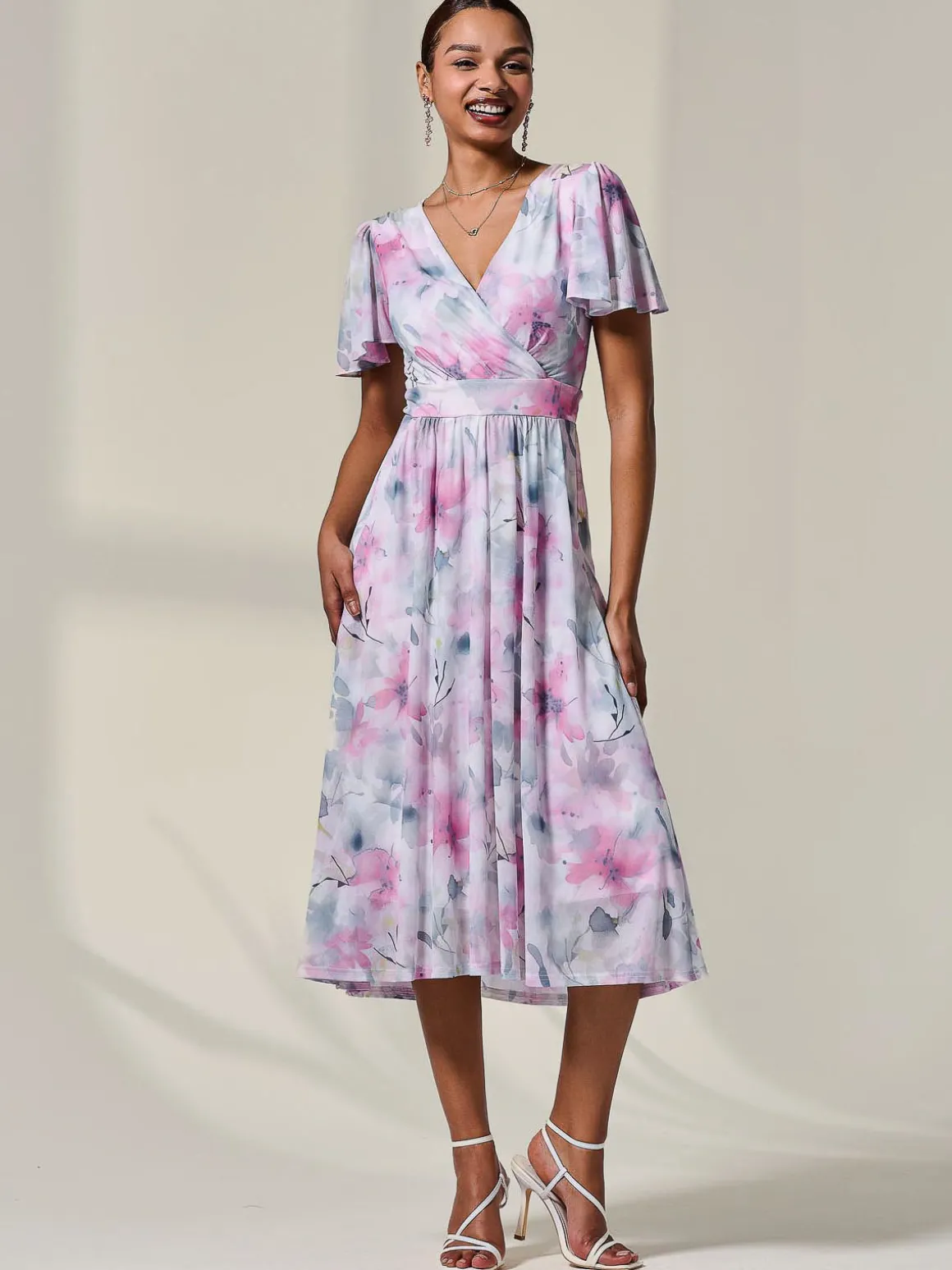 Petite Mesh Short Sleeve Wrap Midaxi Dress, Pink Multi