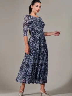 Petite Pleated Half Sleeve Midi Dress, Grey Leopard
