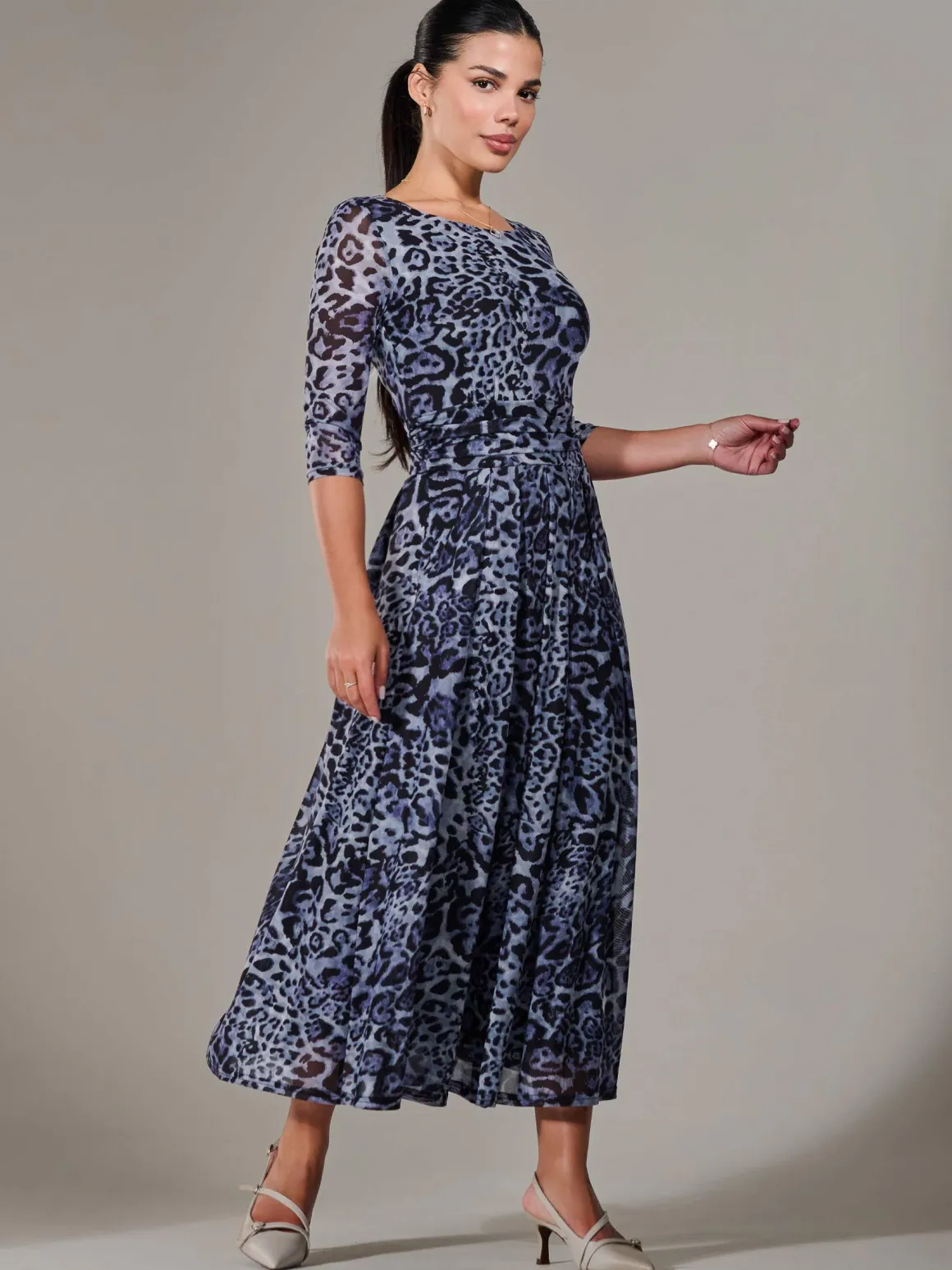 Petite Pleated Half Sleeve Midi Dress, Grey Leopard