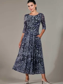 Petite Pleated Half Sleeve Midi Dress, Grey Leopard