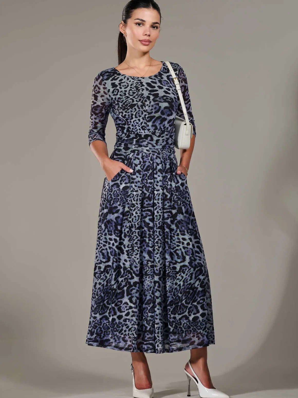 Petite Pleated Half Sleeve Midi Dress, Grey Leopard