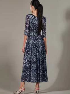 Petite Pleated Half Sleeve Midi Dress, Grey Leopard
