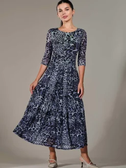 Petite Pleated Half Sleeve Midi Dress, Grey Leopard