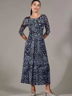 Petite Pleated Half Sleeve Midi Dress, Grey Leopard