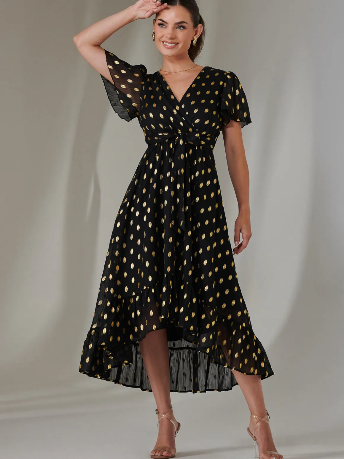 Petite Short Sleeve Midaxi Dress, Black/Gold