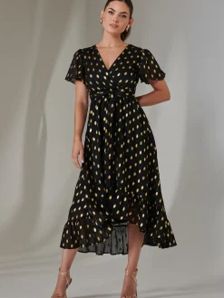 Petite Short Sleeve Midaxi Dress, Black/Gold