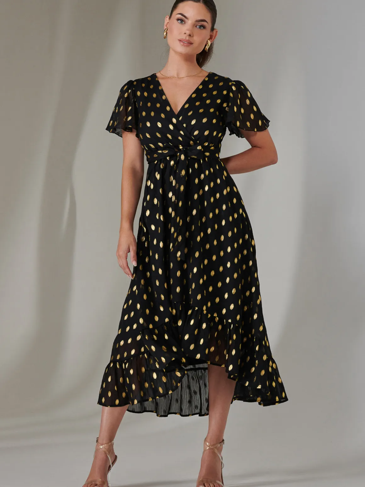 Petite Short Sleeve Midaxi Dress, Black/Gold