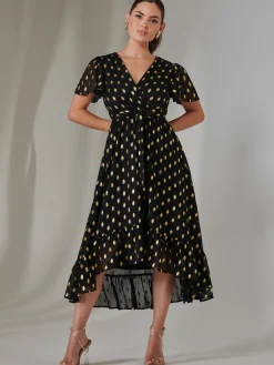 Petite Short Sleeve Midaxi Dress, Black/Gold