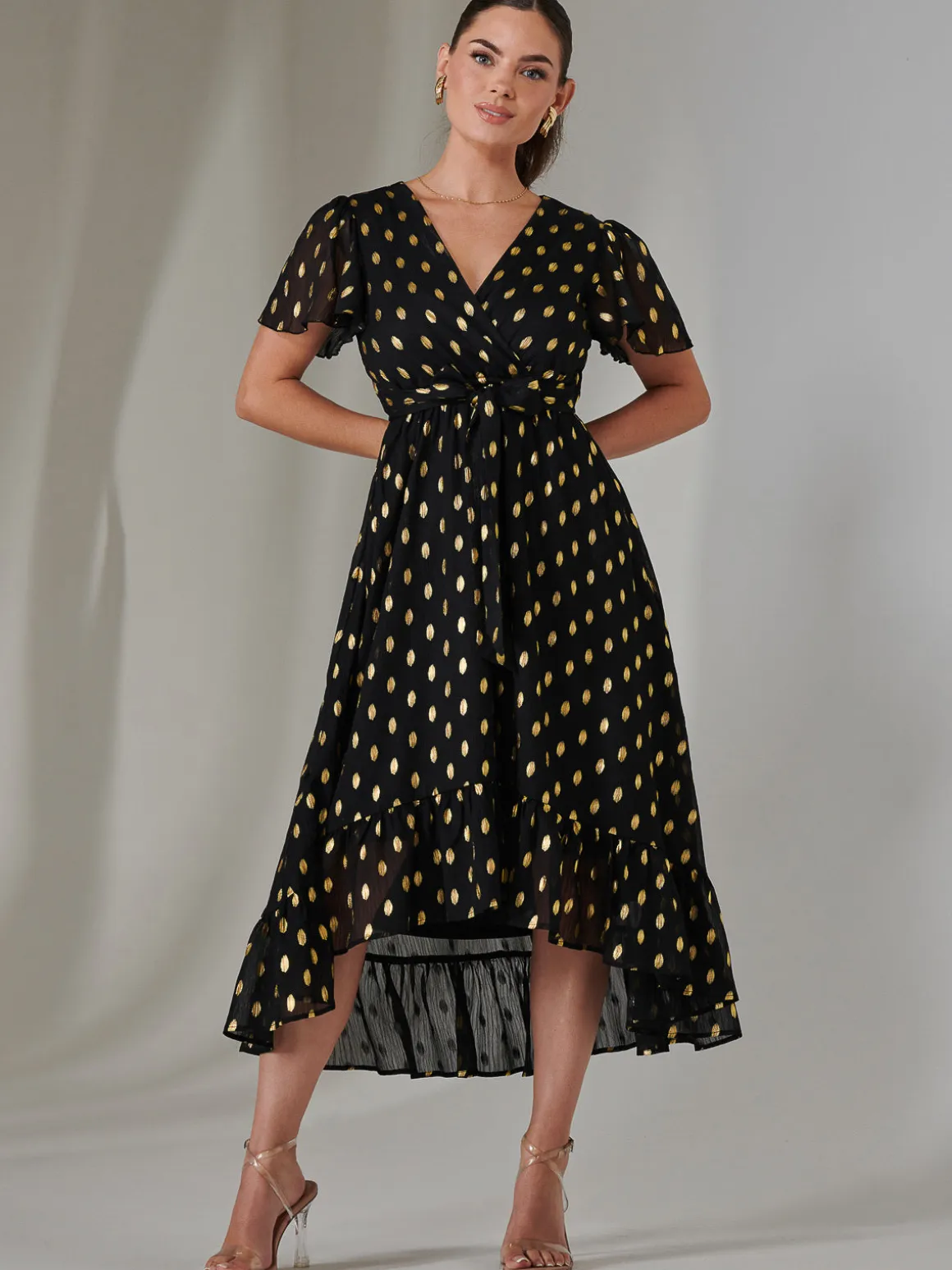 Petite Short Sleeve Midaxi Dress, Black/Gold