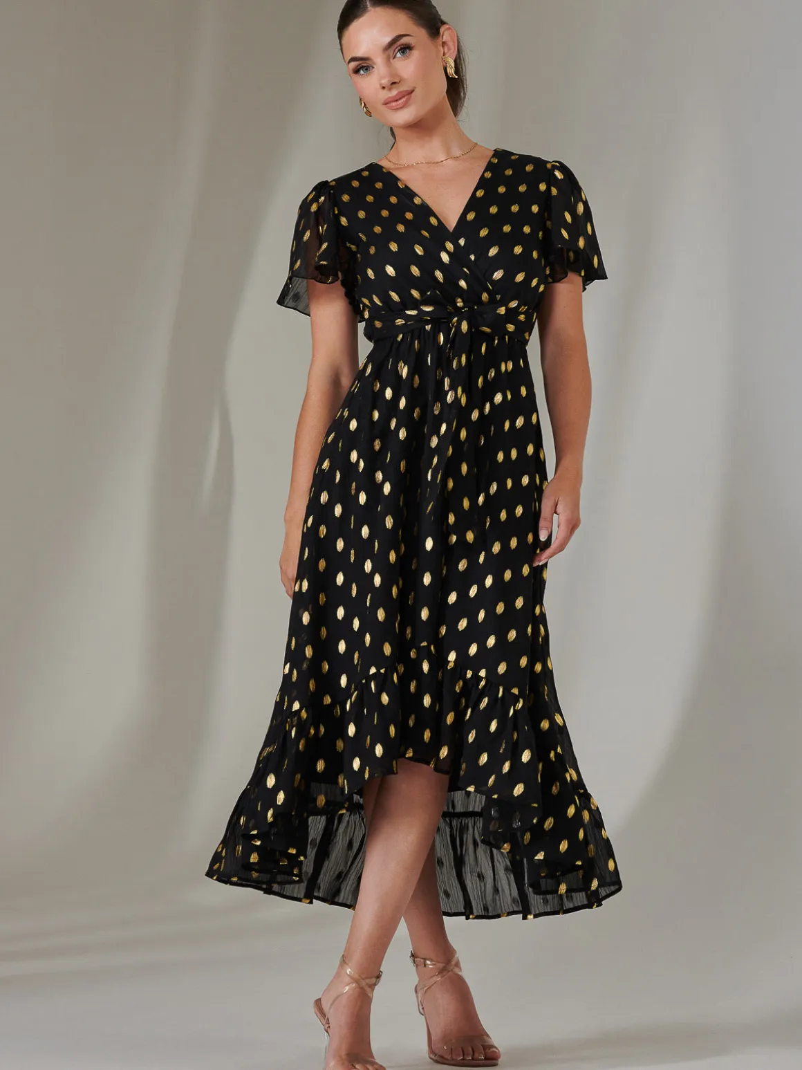Petite Short Sleeve Midaxi Dress, Black/Gold