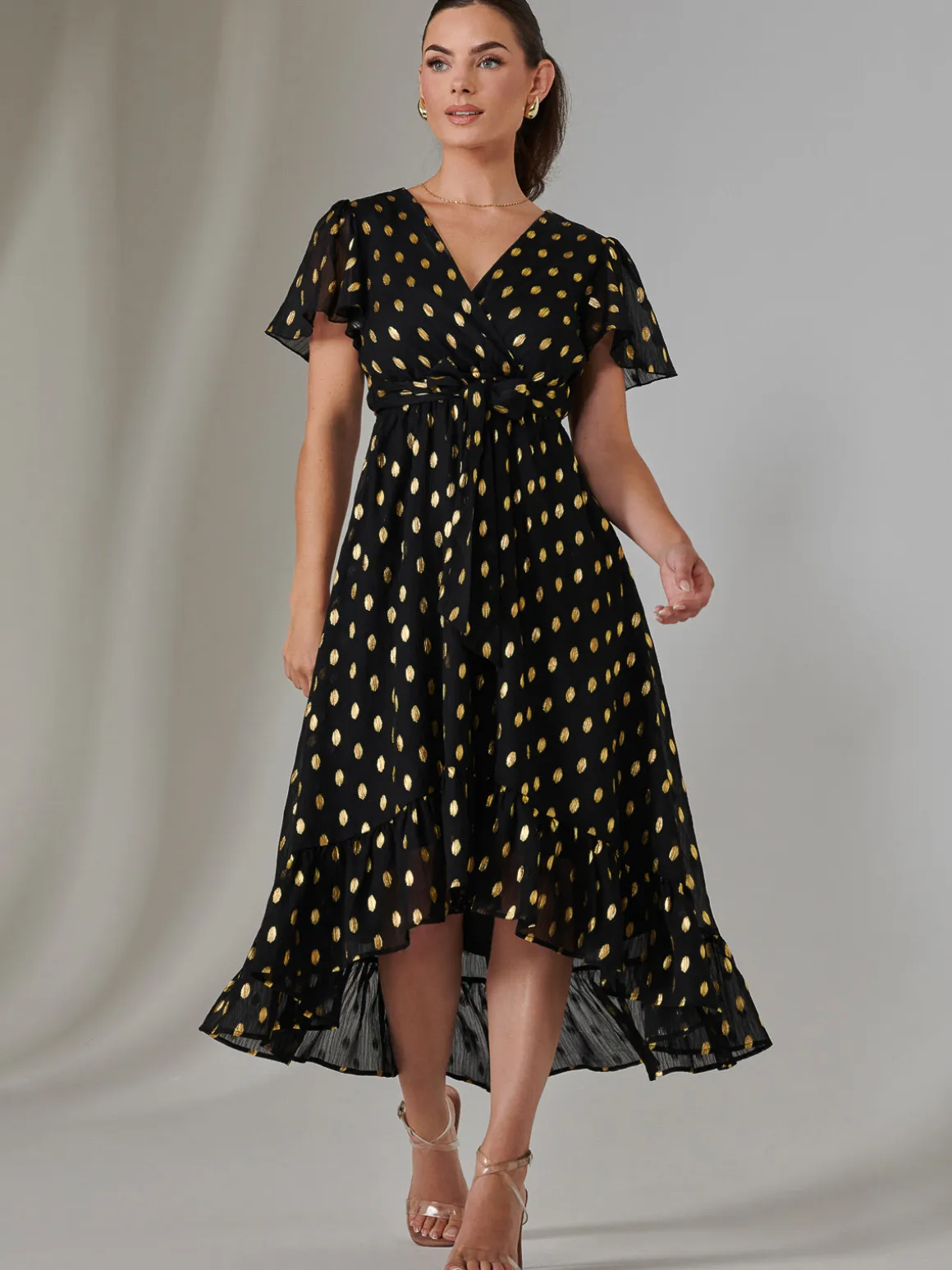 Petite Short Sleeve Midaxi Dress, Black/Gold