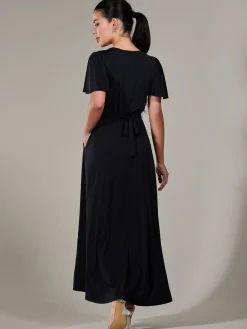 Petite Short Sleeve Soft Silky Jersey Maxi Dress, Black