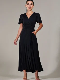 Petite Short Sleeve Soft Silky Jersey Maxi Dress, Black