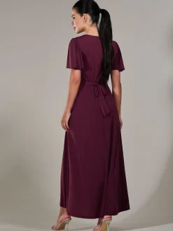 Petite Short Sleeve Soft Silky Jersey Maxi Dress, Burgundy