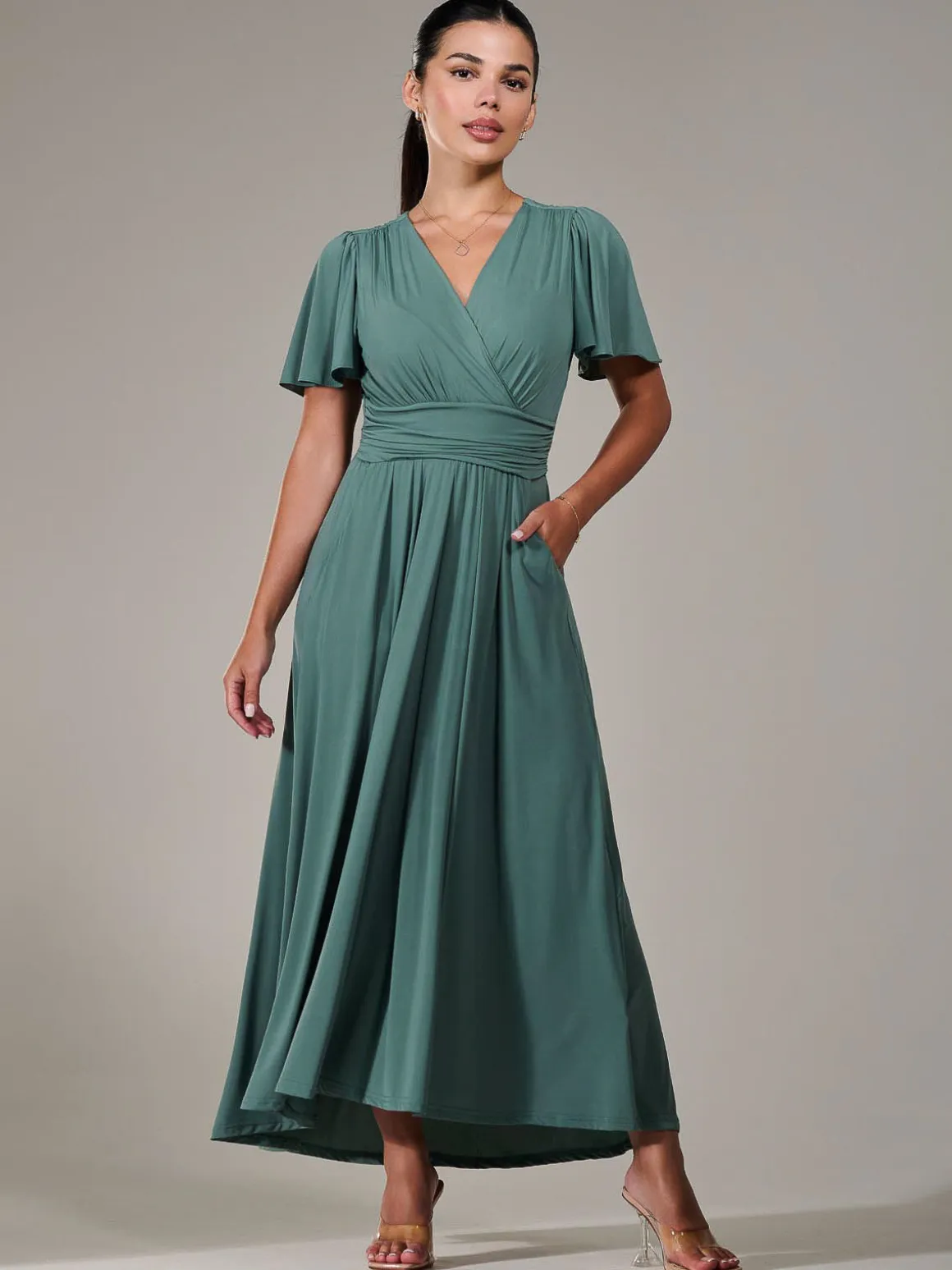 Petite Short Sleeve Soft Silky Jersey Maxi Dress, Green