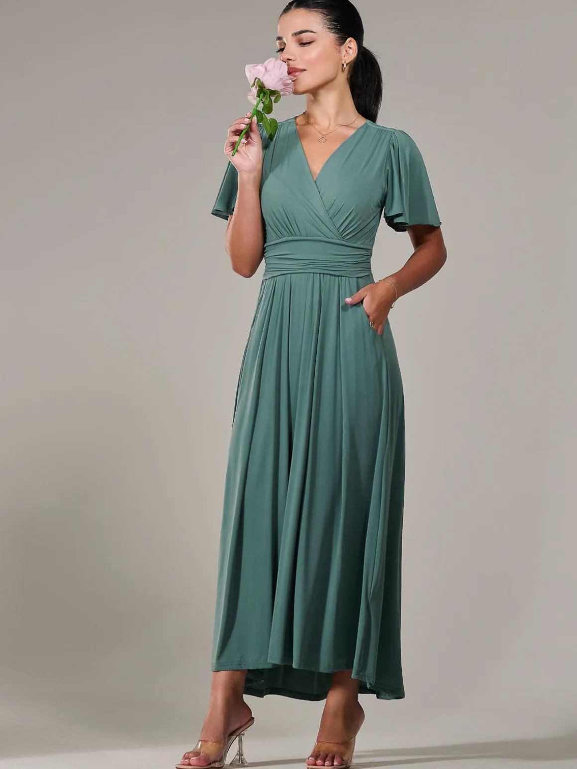 Petite Short Sleeve Soft Silky Jersey Maxi Dress, Green
