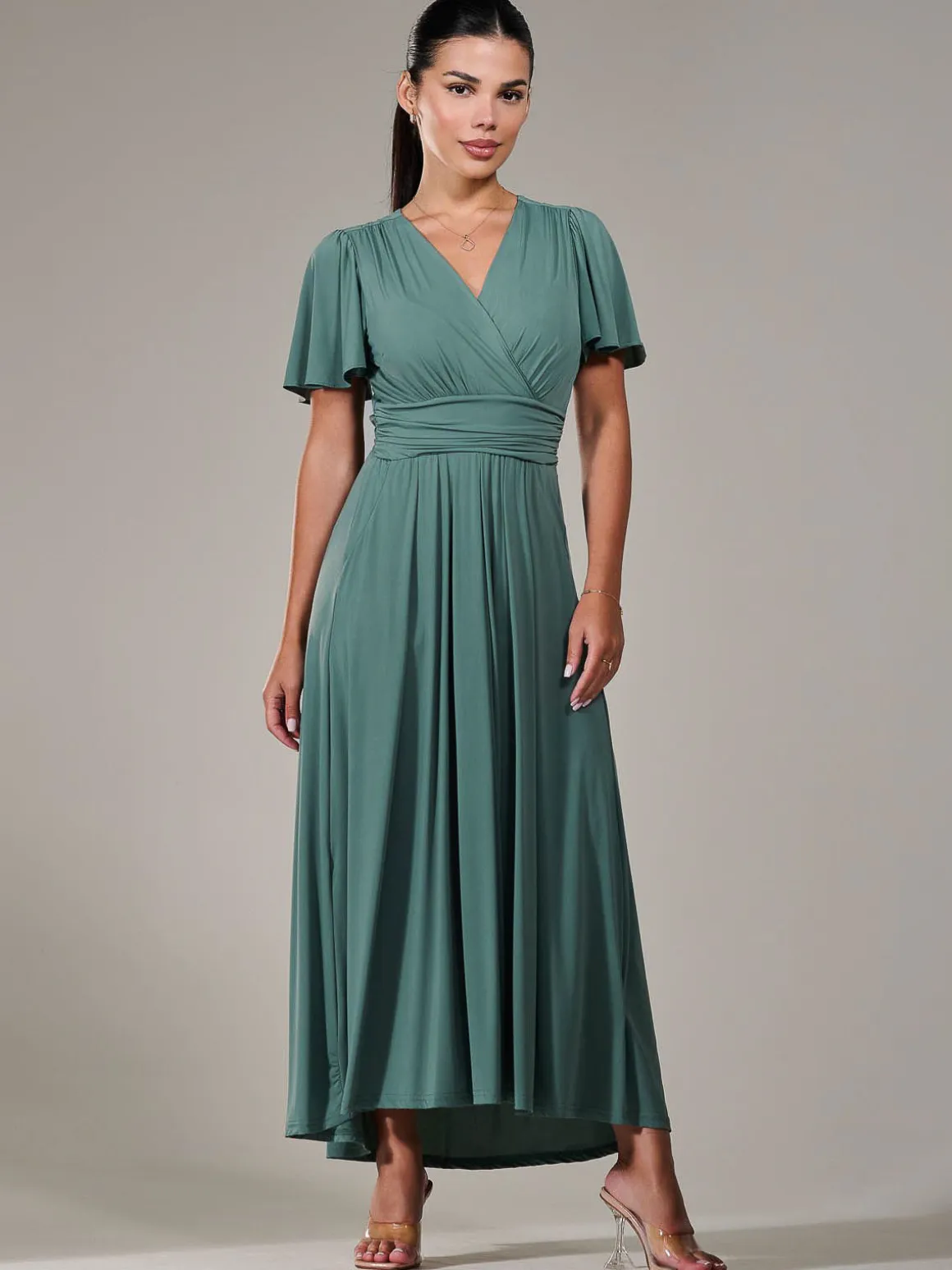 Petite Short Sleeve Soft Silky Jersey Maxi Dress, Green