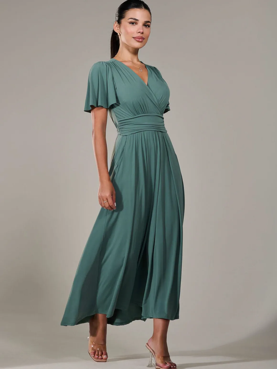 Petite Short Sleeve Soft Silky Jersey Maxi Dress, Green