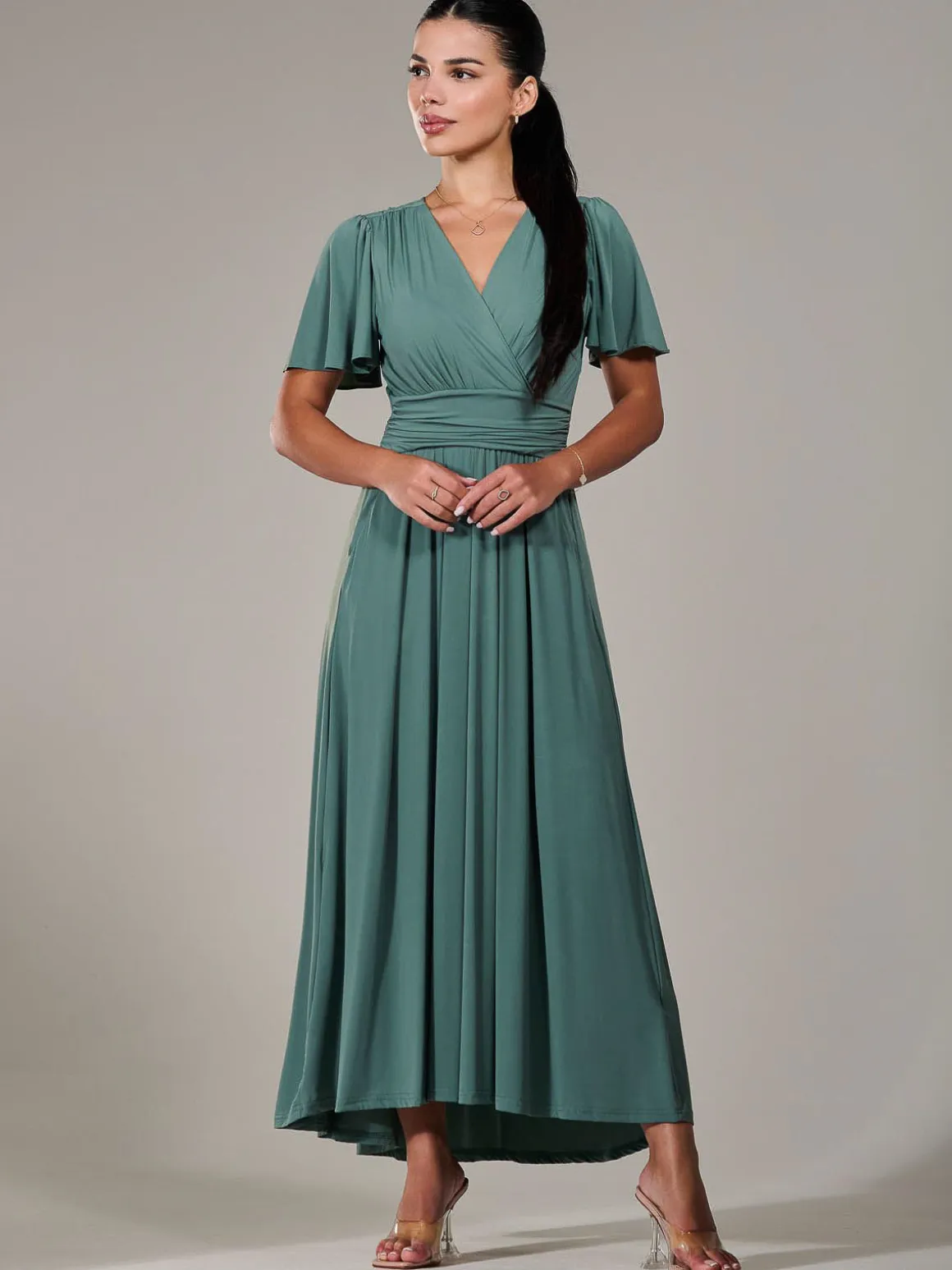 Petite Short Sleeve Soft Silky Jersey Maxi Dress, Green