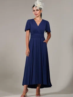 Petite Short Sleeve Soft Silky Jersey Maxi Dress, Navy