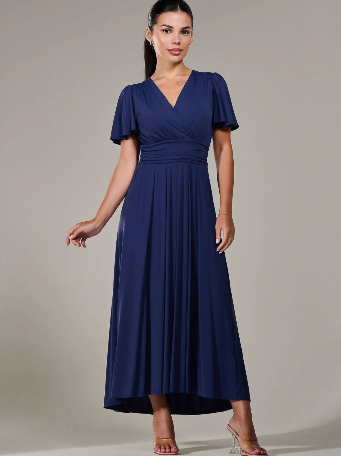 Petite Short Sleeve Soft Silky Jersey Maxi Dress, Navy
