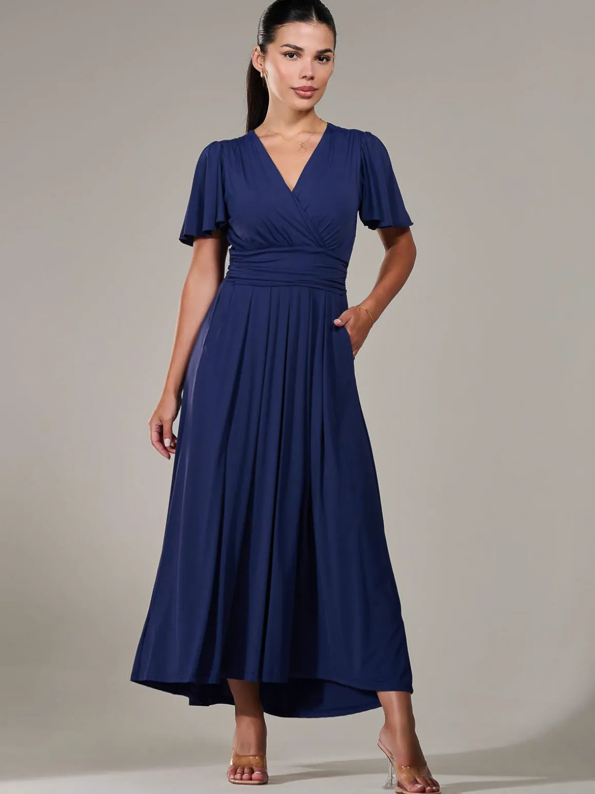 Petite Short Sleeve Soft Silky Jersey Maxi Dress, Navy