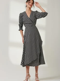 Peyton Wrap Puff Sleeve Midi Dress, Black Geo