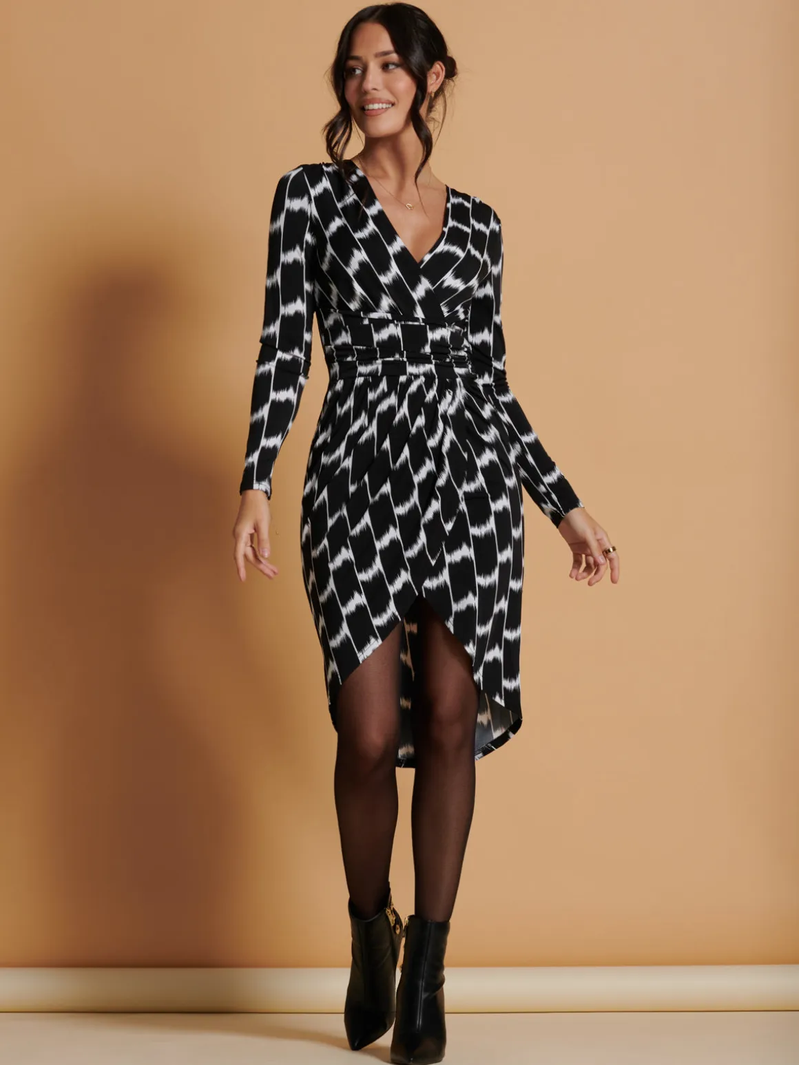 Phebe Print Ruched Jersey Dress, Black Geo