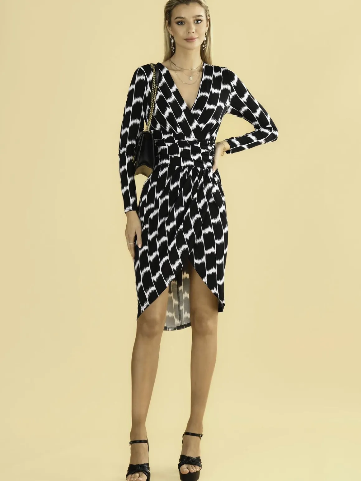 Phebe Print Ruched Jersey Dress, Black Geo
