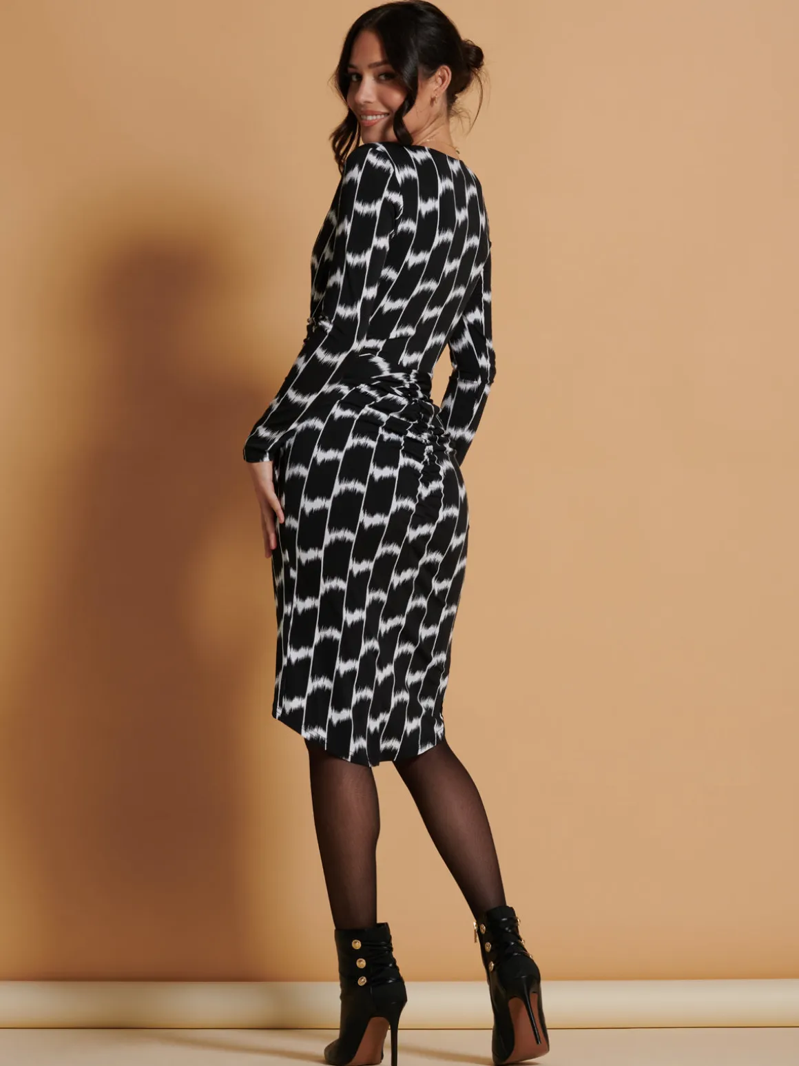Phebe Print Ruched Jersey Dress, Black Geo