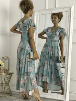 Piper Dip Hem Mesh Maxi Dress, Green Floral