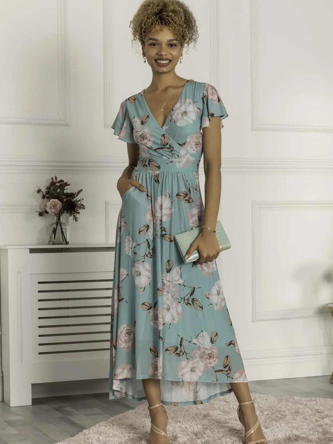 Piper Dip Hem Mesh Maxi Dress, Green Floral