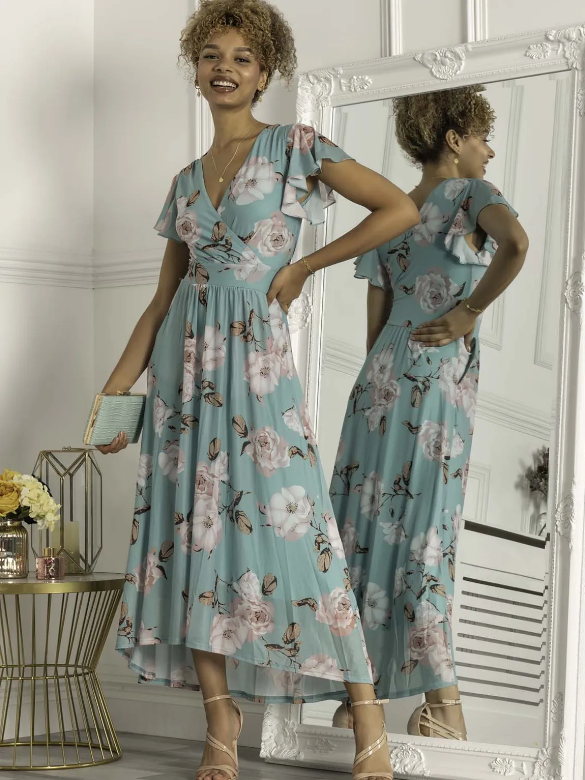 Piper Dip Hem Mesh Maxi Dress, Green Floral