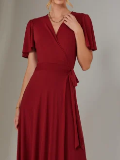 Plain Angel Sleeve Wrapped Maxi Dress, Brick Red