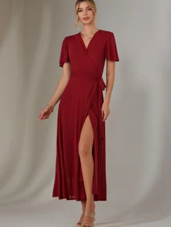 Plain Angel Sleeve Wrapped Maxi Dress, Brick Red