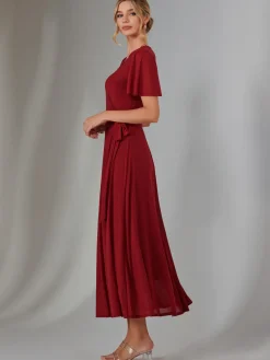Plain Angel Sleeve Wrapped Maxi Dress, Brick Red