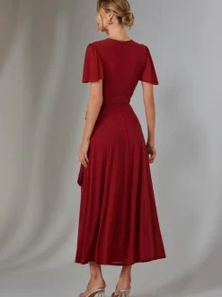 Plain Angel Sleeve Wrapped Maxi Dress, Brick Red